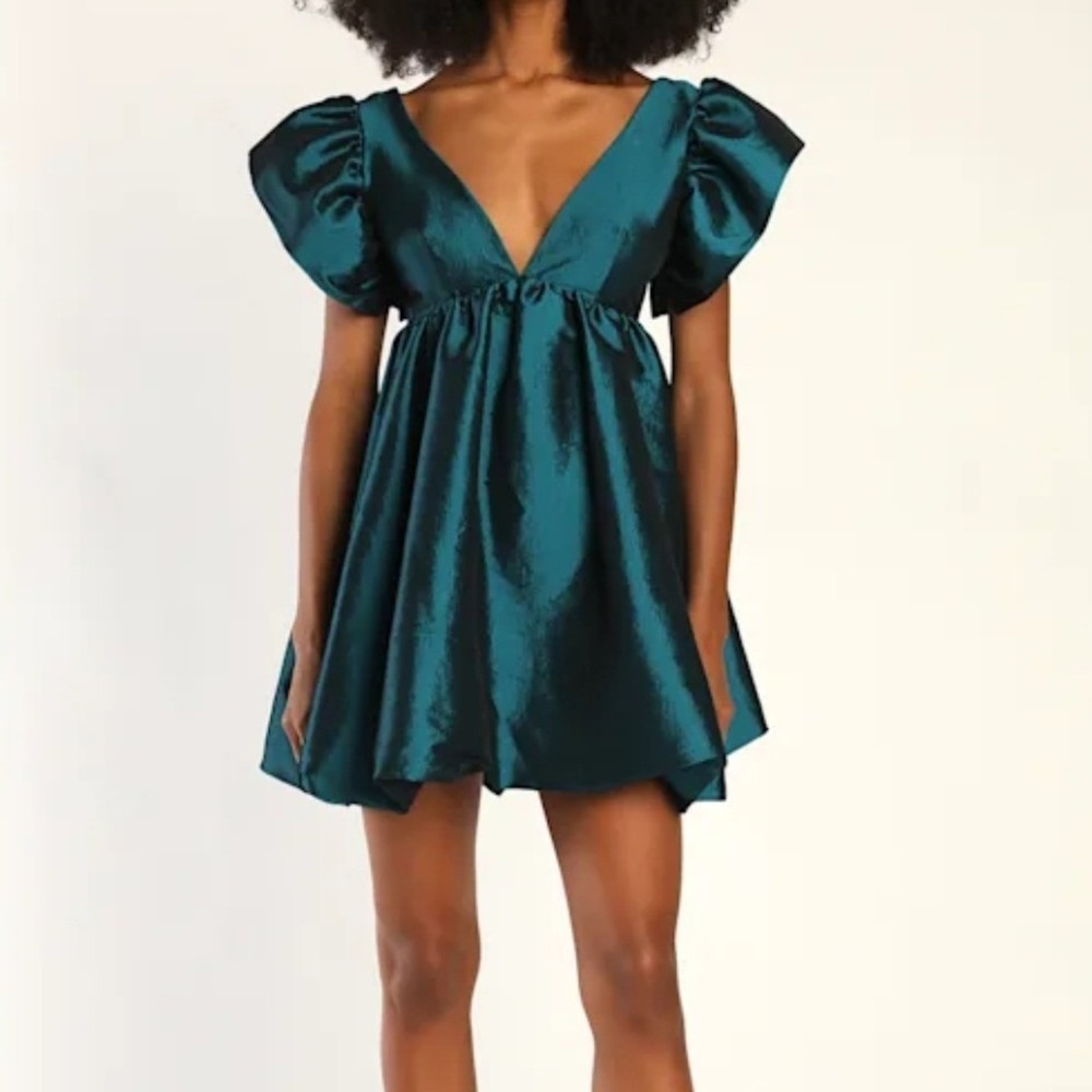 NWT Lulus Dramatic Dreams Dark Teal Taffeta Ruffled Babydoll Mini Dress Medium